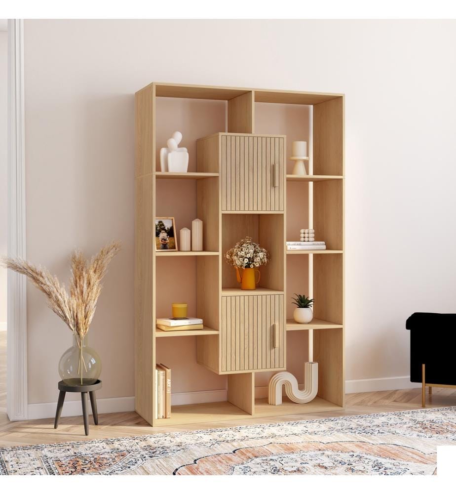 Etagère bibliothèque Faustine effet lattes 11 compartiments 143cm - Brun