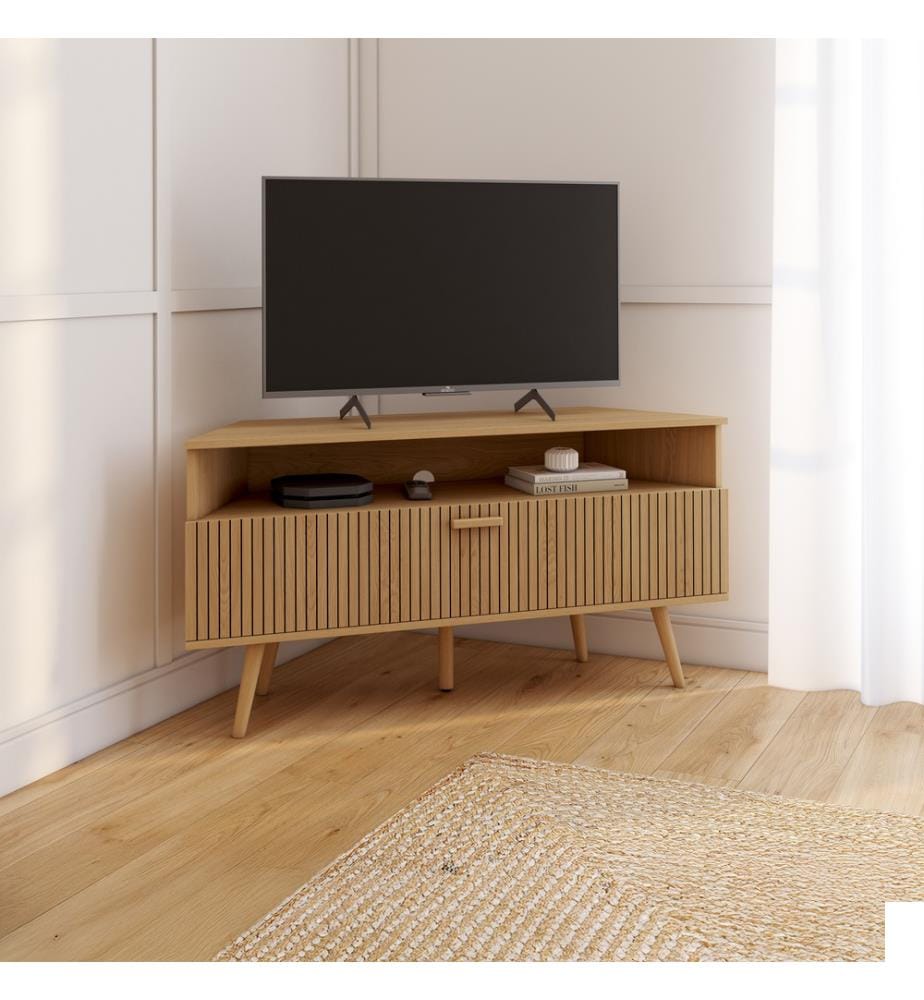 Meuble TV d'angle Faustine effet lattes L110cm - Brun