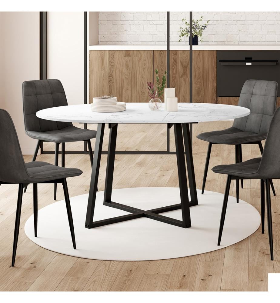 Table repas extensible Sana 110-150cm plateau rond - Marbre et Noir