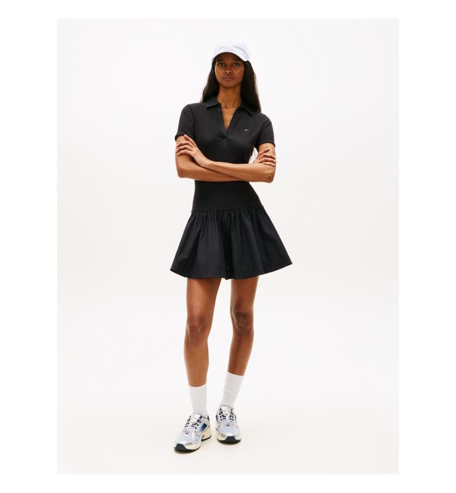 Robe Polo Courte Slim en Popeline Côtelée - Noir