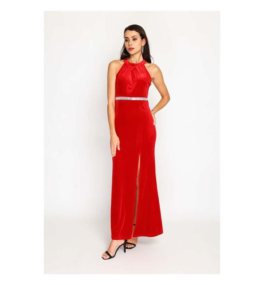 Robe Longue en Velours à Fente Haute Ceinture Brillante Sans Manches - Hermes