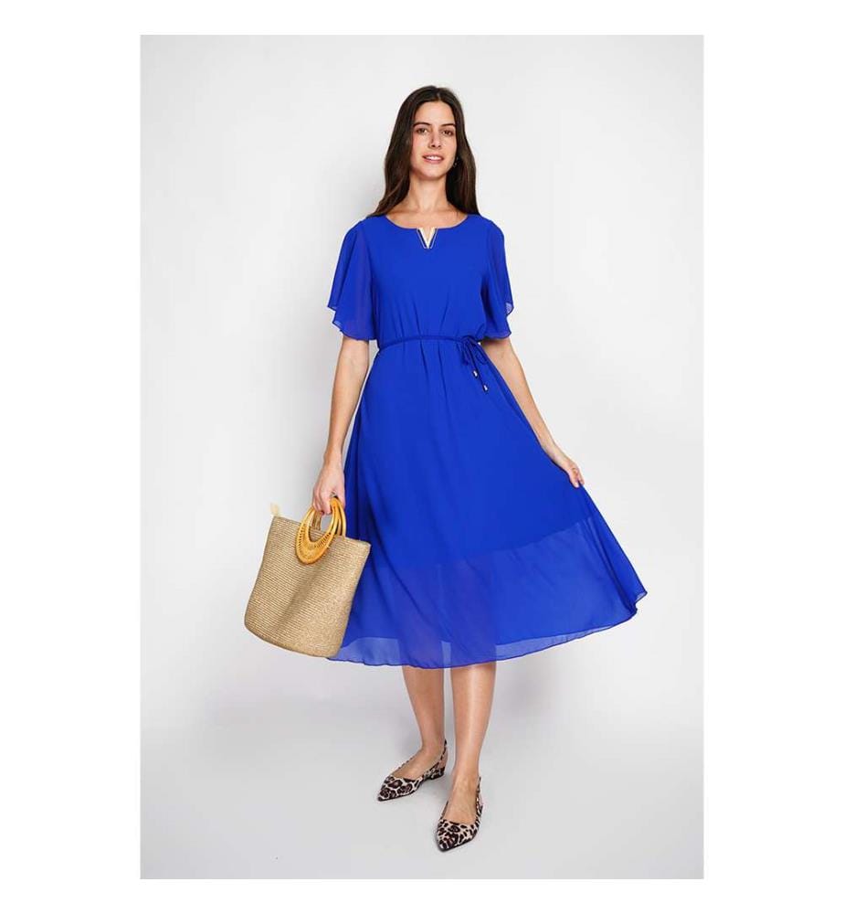 Robe Longue Col V en Fantaisie Devant à Manches Courtes - Royal