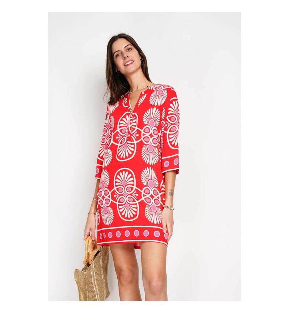 Robe Midi Col Mao,Patte De Boutonnage Devant à Manches 3/4 - Rouge