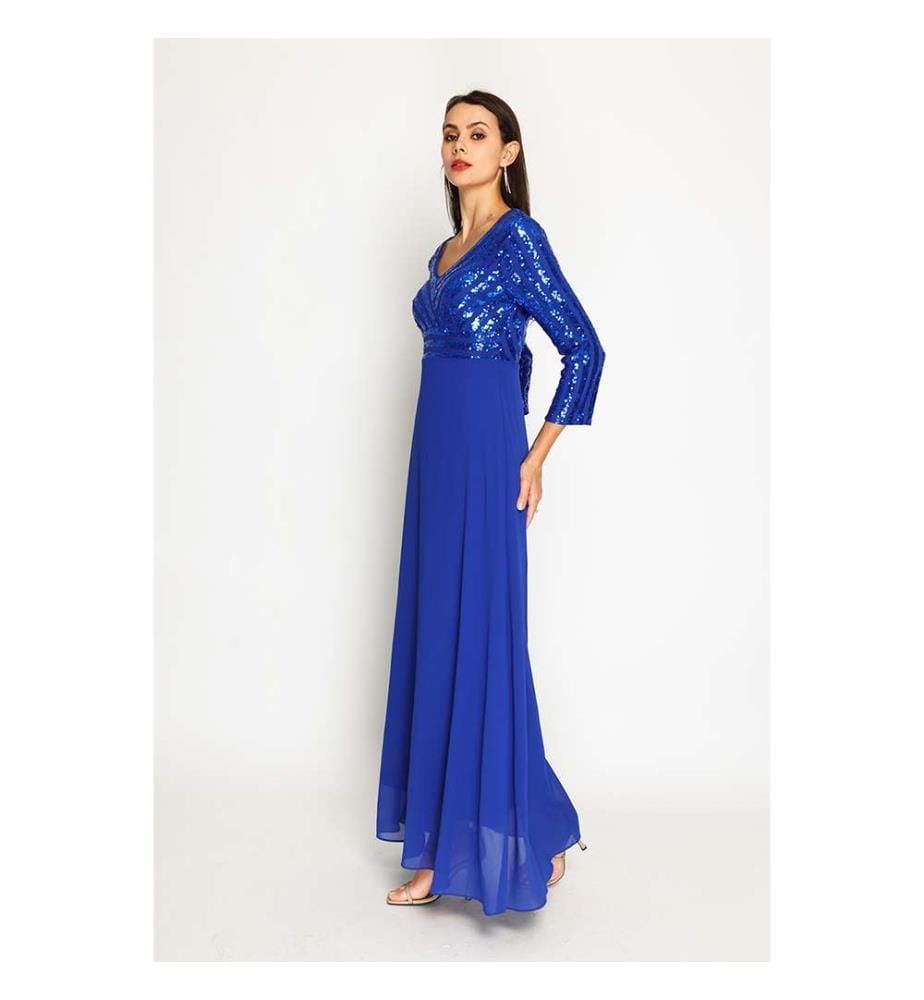 Robe Longue Zip Arrière Doublé à Manches 3/4 à Pallettes Décolleté V Devant et Dos - Royal