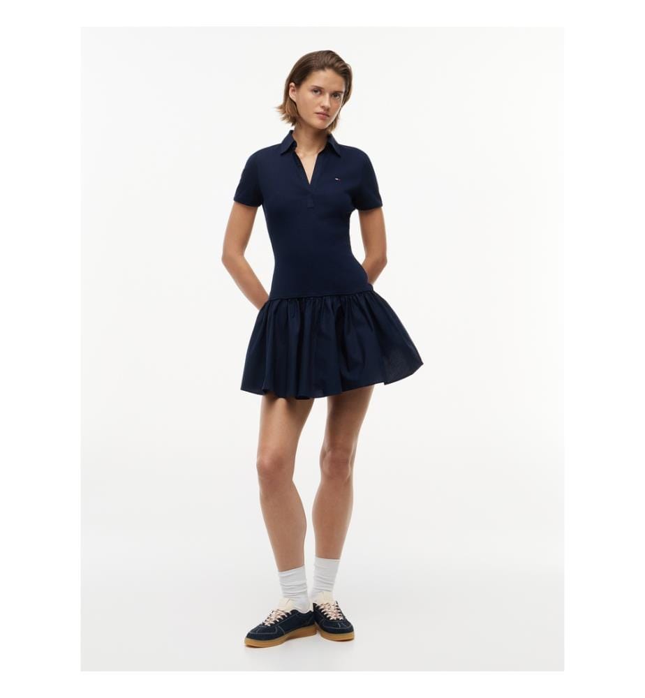 Robe Polo Courte Slim en Popeline Côtelée - Marine