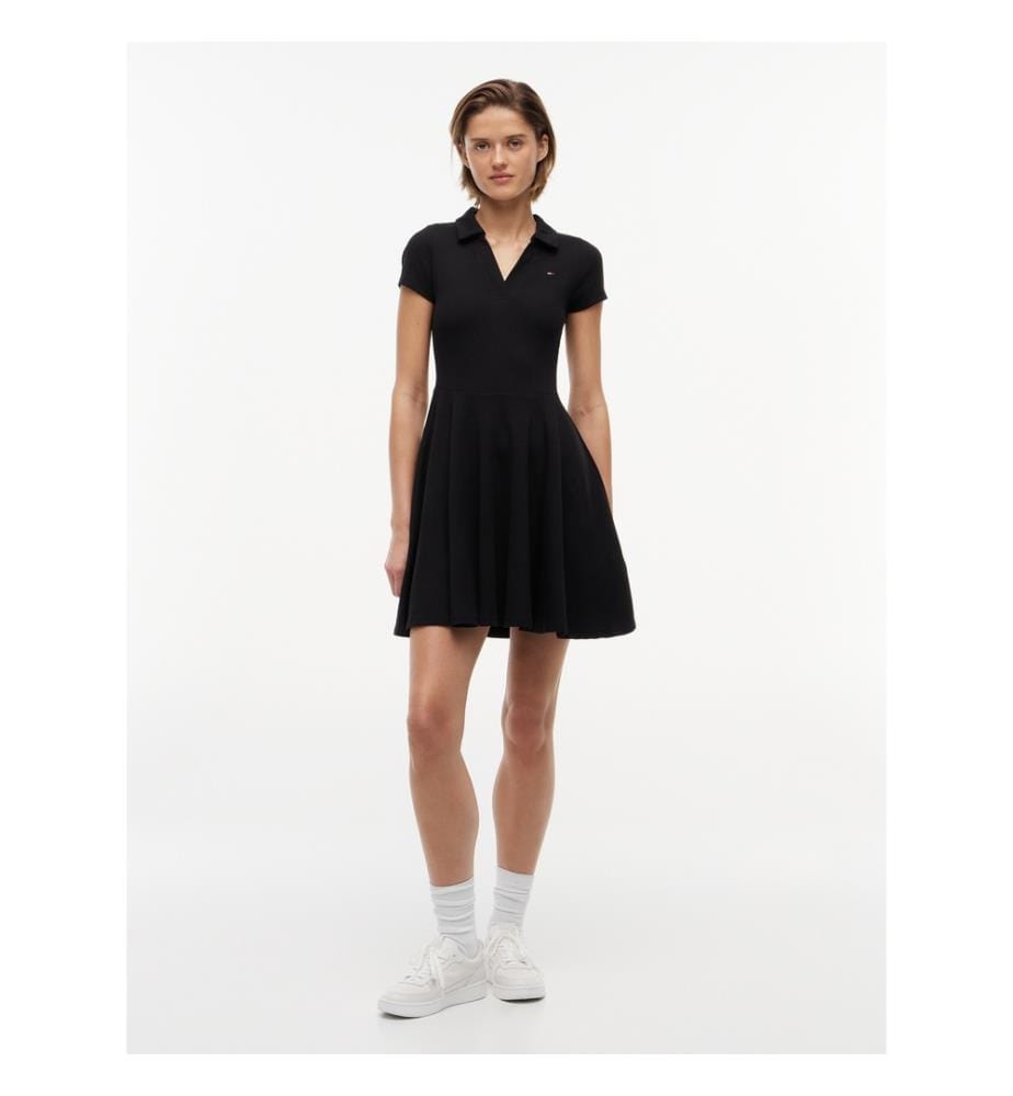Robe-polo courte en maille côtelée à coupe évasée - Noir