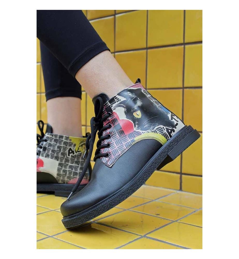 Bottines en Cuir Végétalien noir - Artsy Cat Collage Design