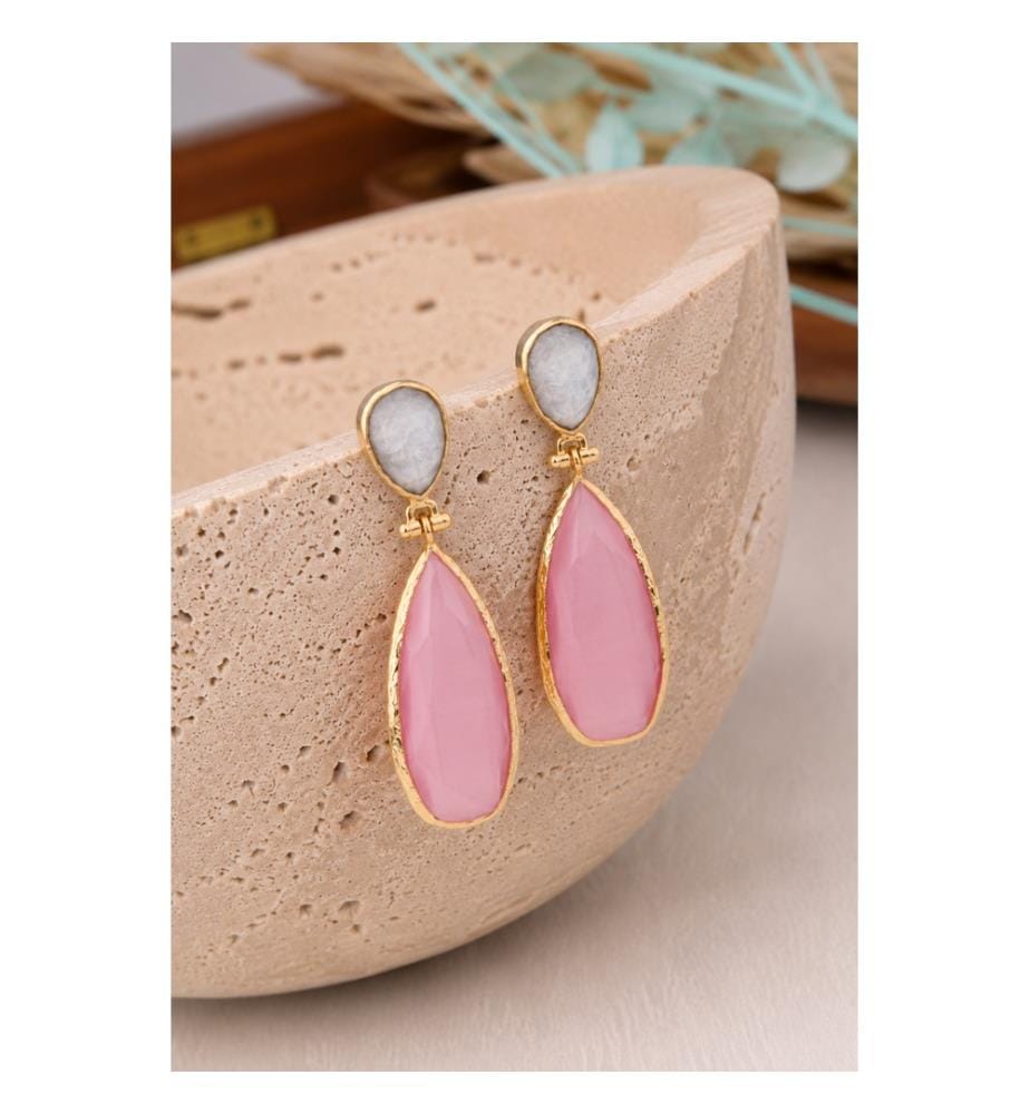 Boucles d'Oreilles Pierre de Lune & il de Chat  Blanc/Rose