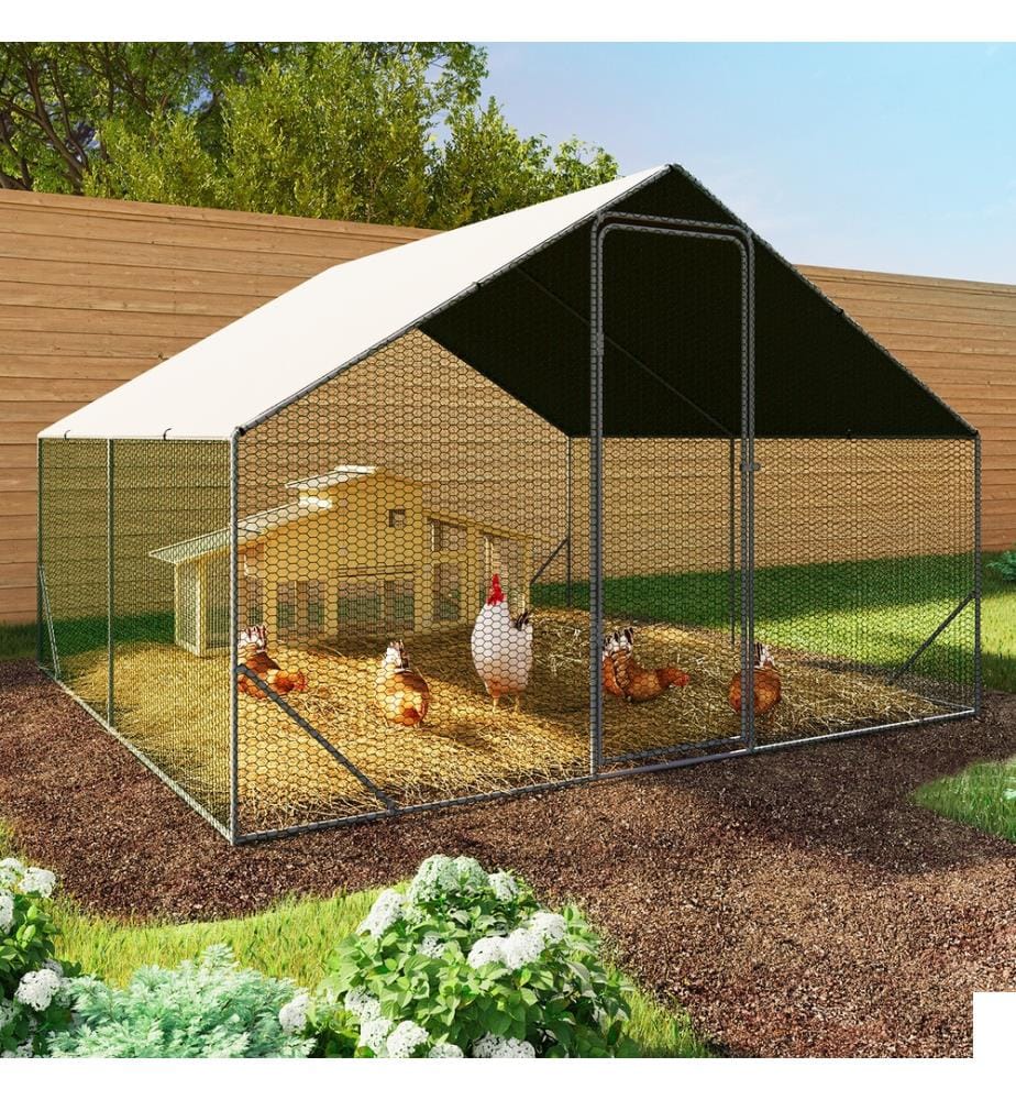 Enclos grillagé pour poules 9m² - 3x3m - Structure grise et grillage vert et filet noir et brise-soleil blanc