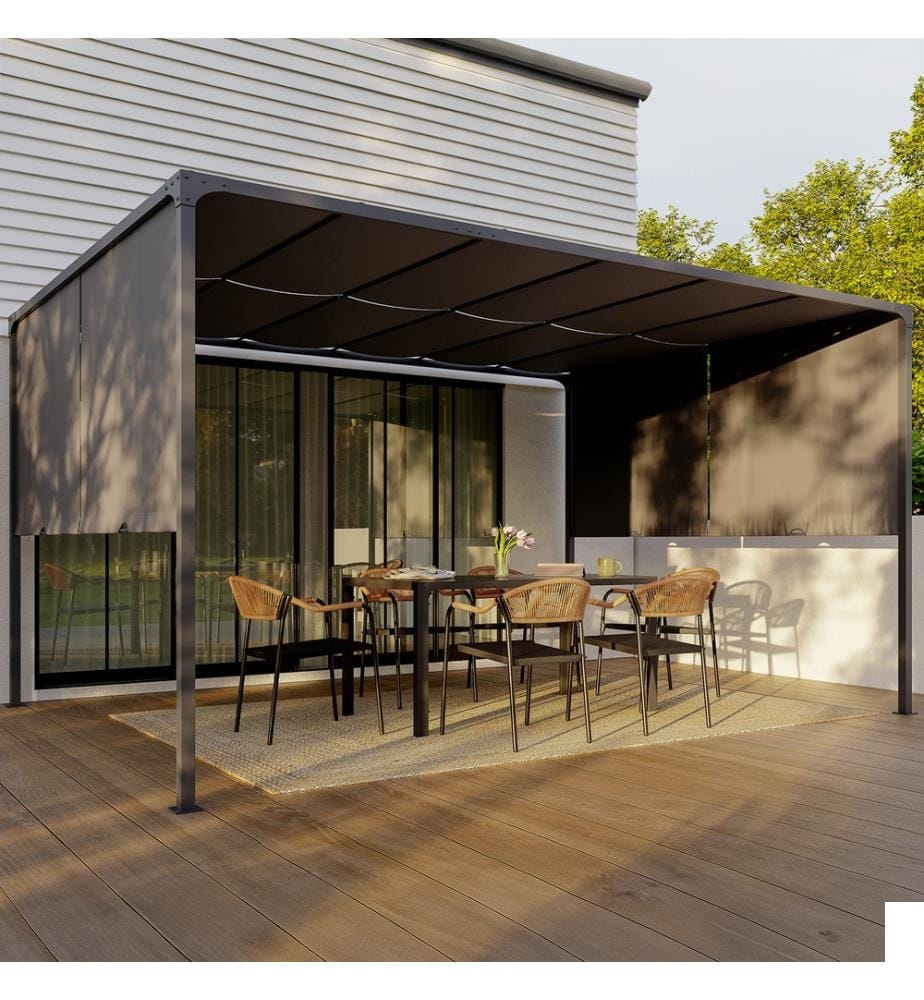 Pergola 3x4m + 2 toiles latérales coulissantes grises
