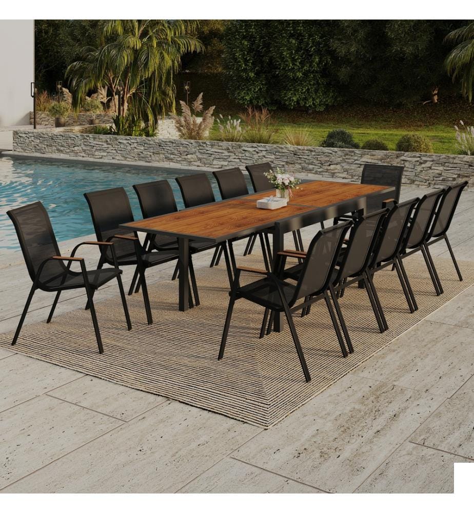 Ensemble repas extensible Timbia 12 places noir et verre trempé effet bois