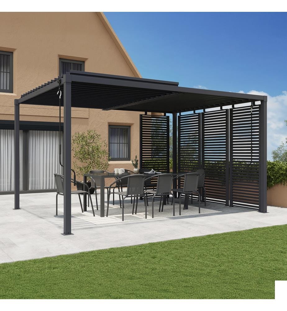 Pergola bioclimatique 3x4m lames orientables + 4 persiennes - Gris anthracite