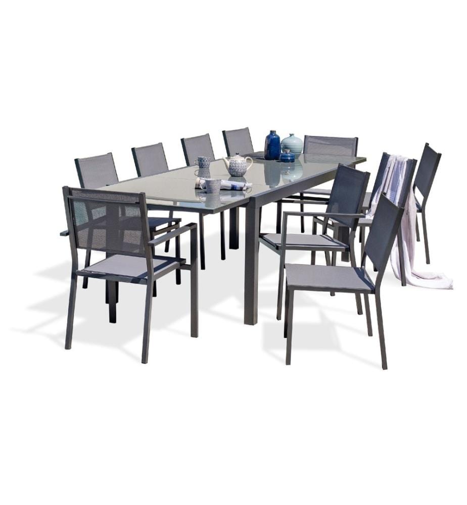 Ensemble table de jardin TOLEDE (200/300x100 cm) en aluminium et plateau verre avec rallonge intégrée, 8 chaises et 2 fauteuils TOLEDE empilables
