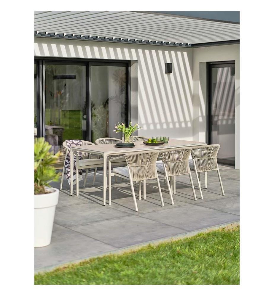 Ensemble table de jardin TIGUA (200x90 cm) en aluminium et plateau céramique sur verre et 6 fauteuils GAMBI empilables - GREGE
