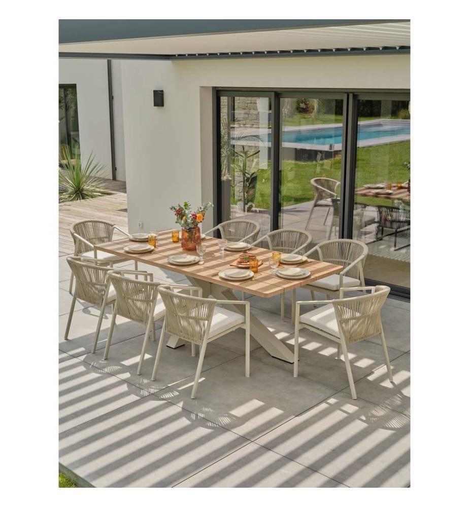 Ensemble table de jardin KELIA (220x102 cm) en aluminum et plateau aspect bois et 8 fauteuils GAMBI - GREGE