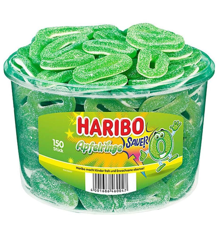 150x Haribo Anneaux de pomme acidulés boîte - 1200g