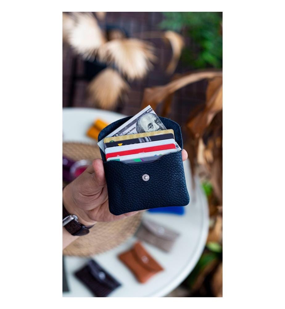 Porte-cartes, 100 % cuir véritable, bleu marine