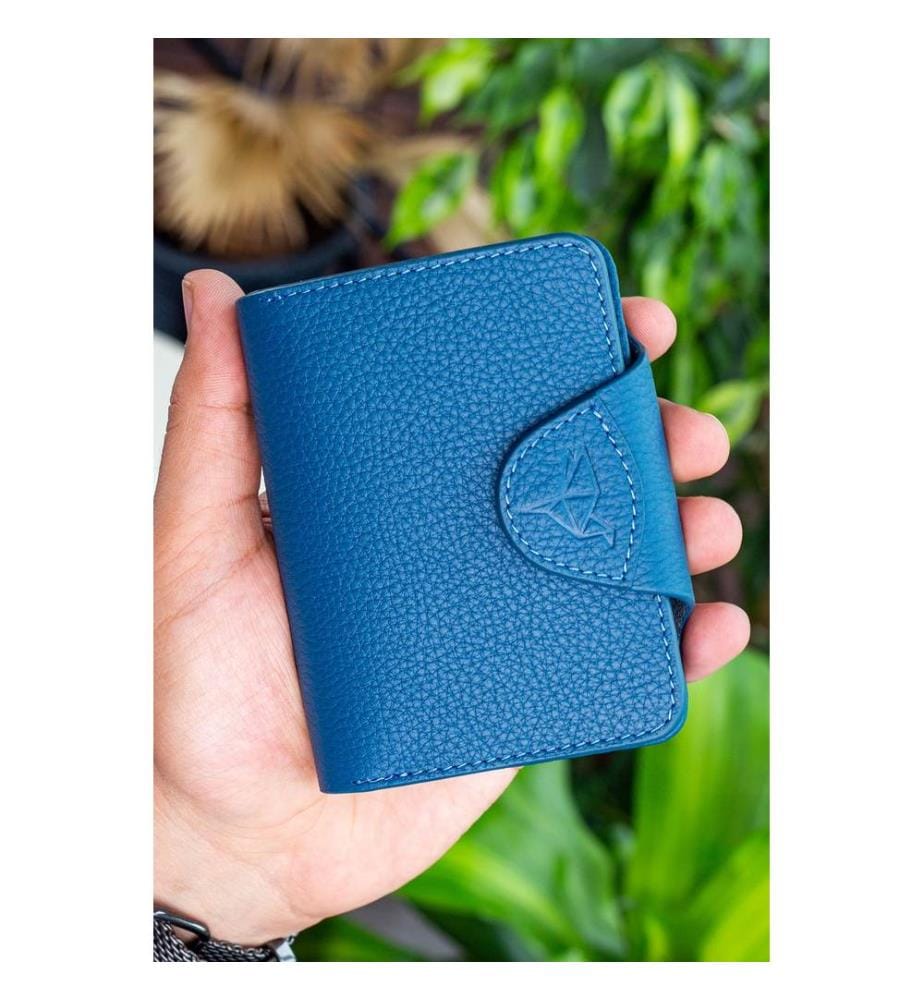 Porte-cartes, 100 % cuir véritable, bleu pétrole