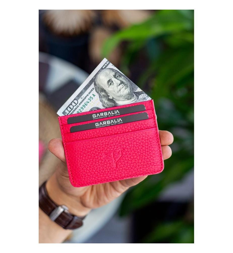 Porte-cartes, 100 % cuir véritable, fuchsia
