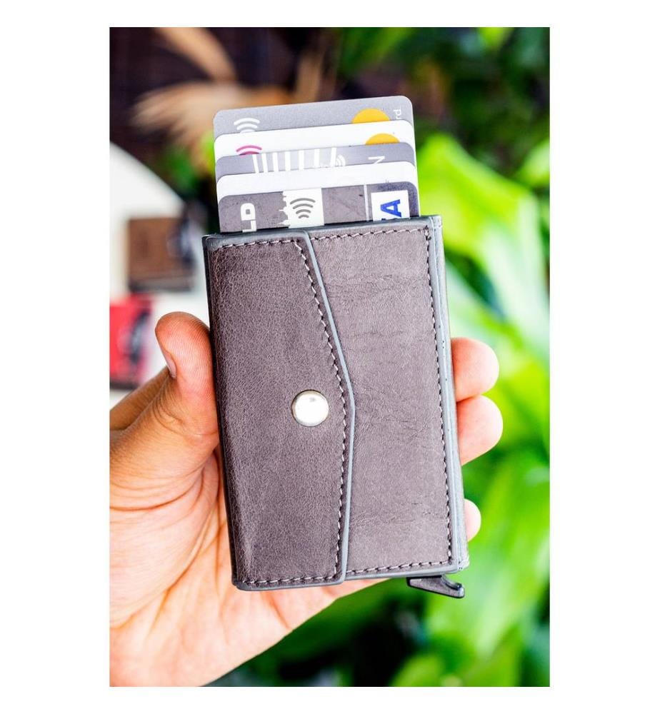 Porte-cartes, 100 % cuir véritable, gris