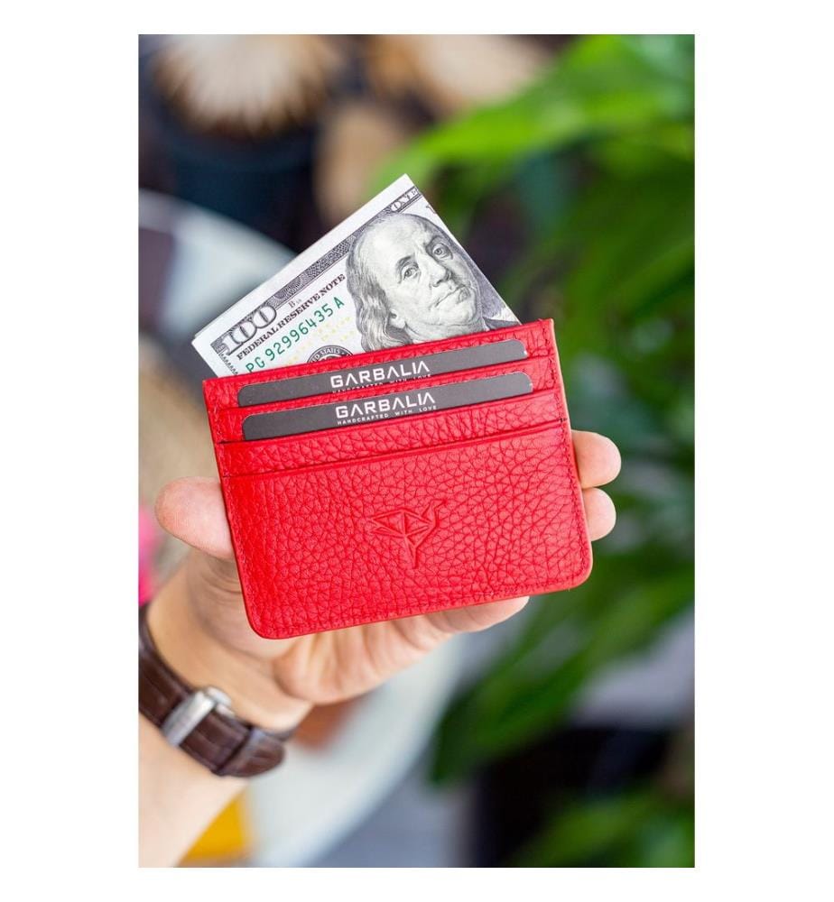Porte-cartes, 100 % cuir véritable, rouge