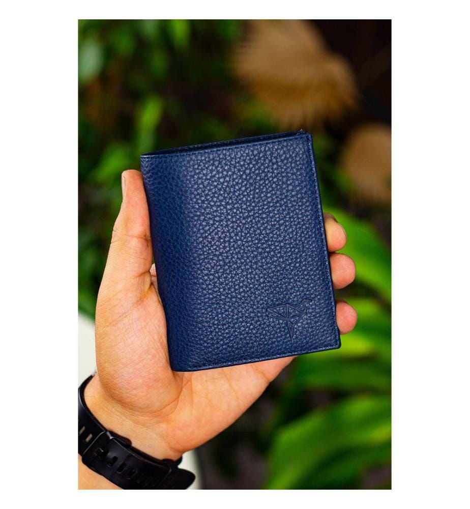 Portefeuille homme, 100 % cuir véritable, bleu marine