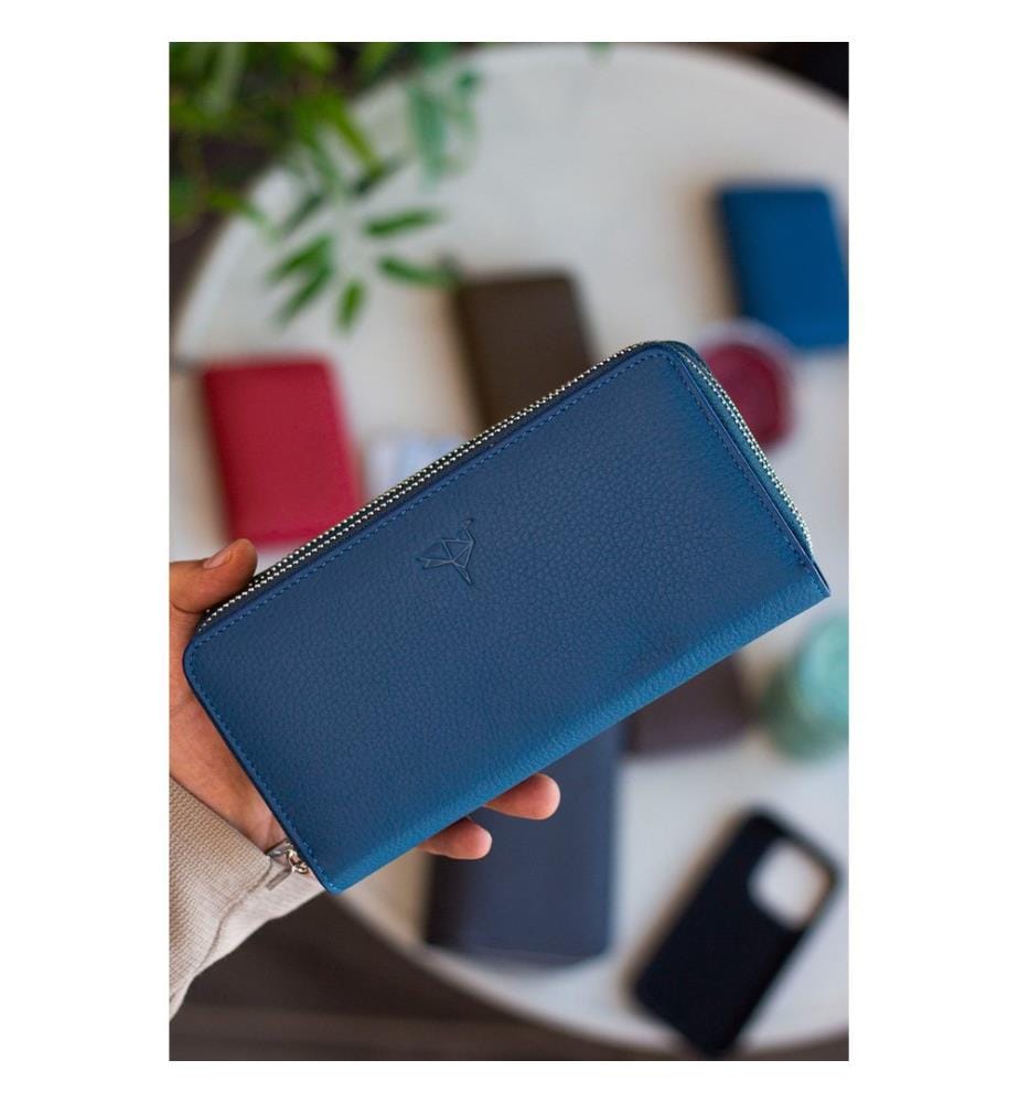 Portefeuille unisexe, 100 % cuir véritable, bleu pétrole