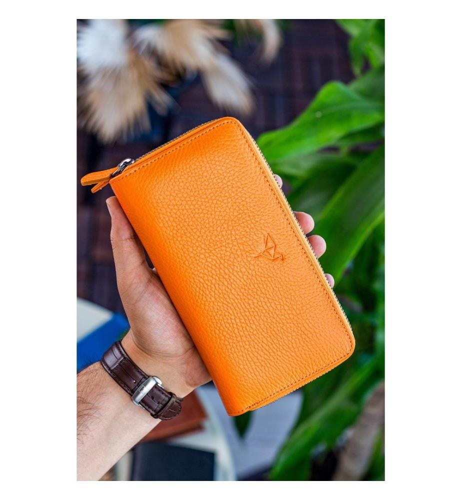 Portefeuille unisexe, 100 % cuir véritable, orange