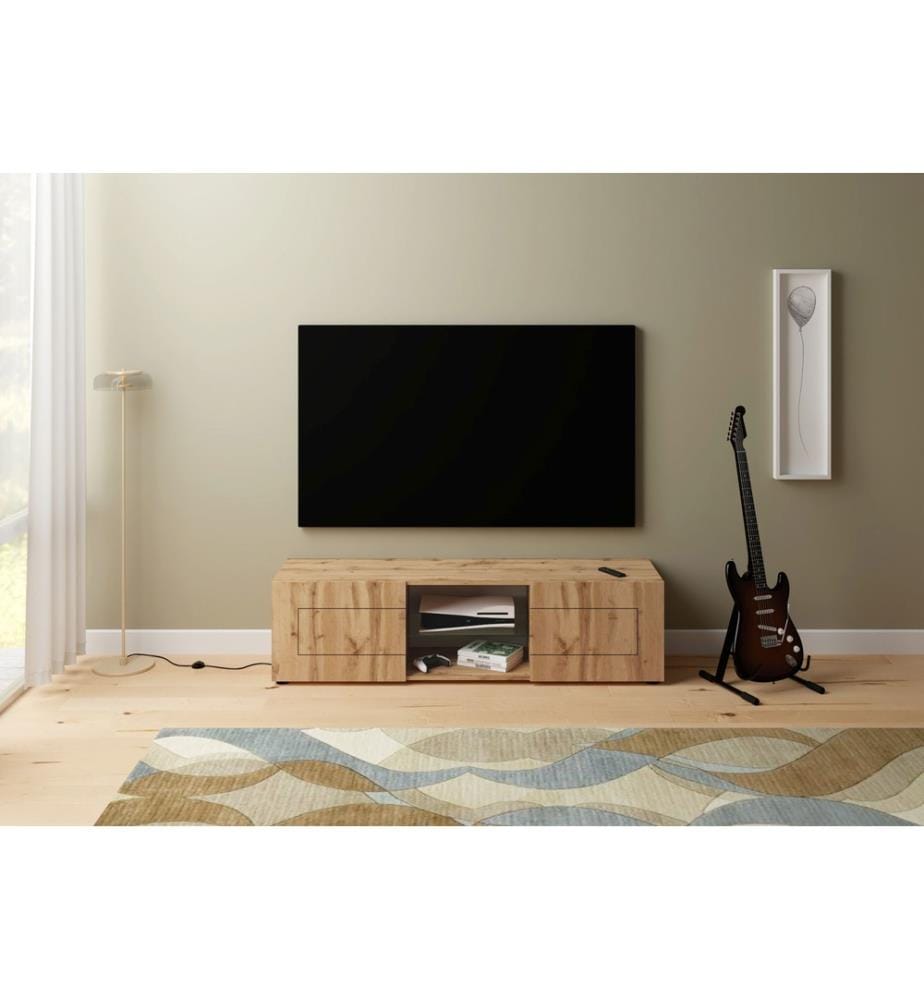 Armoire TV à 2 portes avec compartiment ouvert 150x40x40 cm Elios chêne naturel