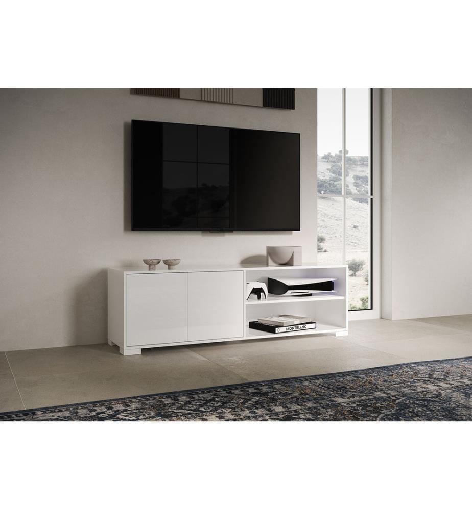 Lowboard 2 portes 2 compartiments ouverts 150x40x40 cm Lumina blanc brillant