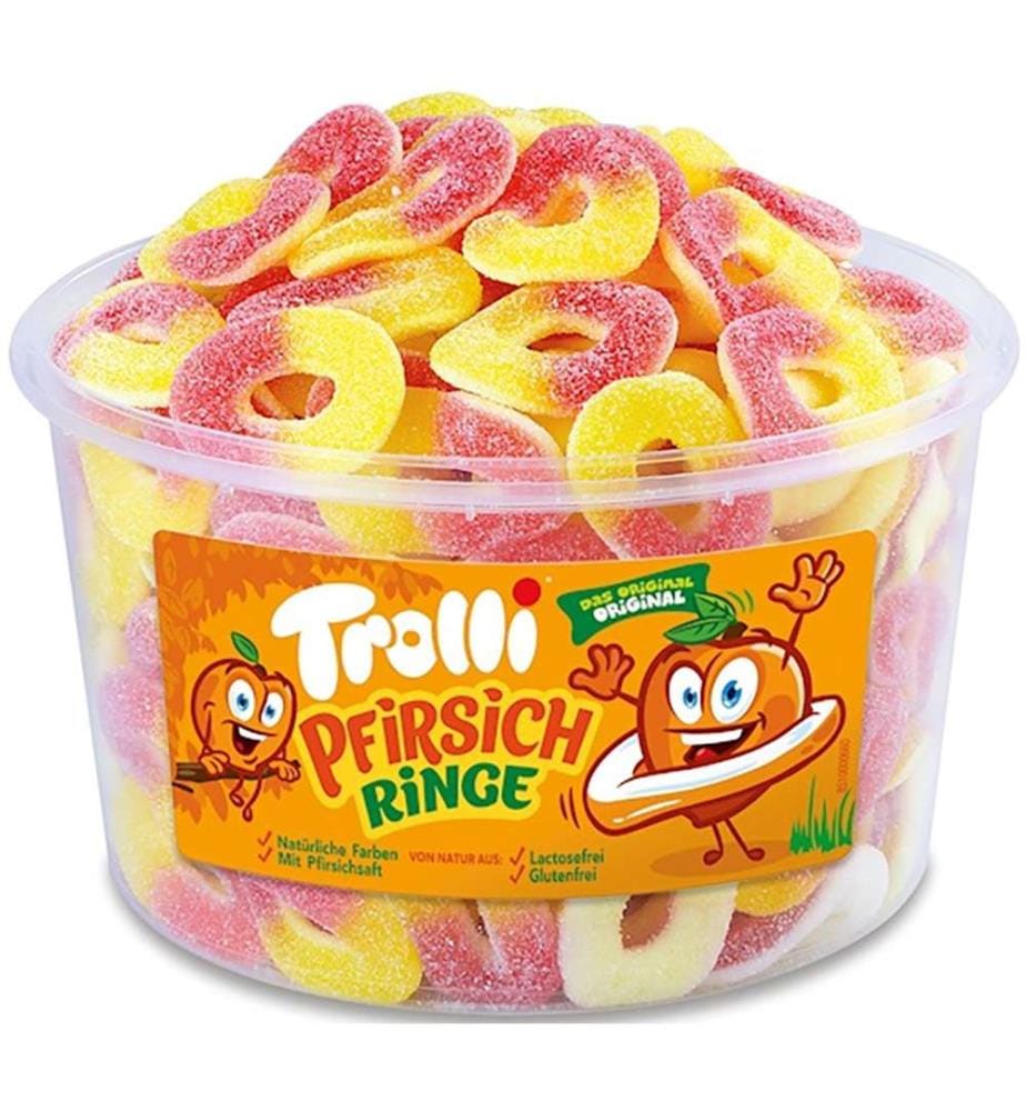 150x Trolli boîte de thé aux anneaux à la pêche - 8g