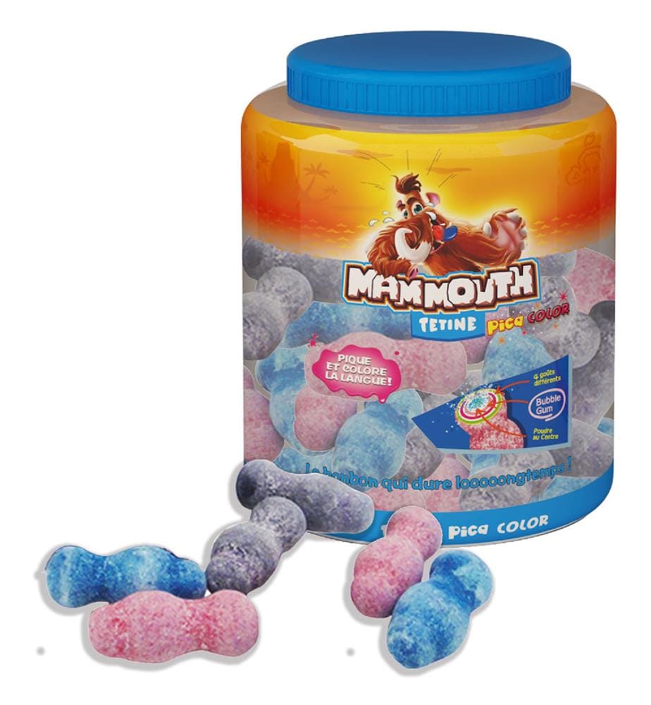80 tétines ZED Mammouth Pica color « colorantes pour la langue » et « acidulées », boîte Bubbe Gum de 80 pièces.