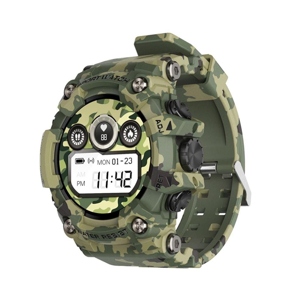Montre connectée T6 avec boîtier robuste. Cardiofréquencemètre, plusieurs modes sportifs et informations météo 5,7 x 2 x 4,5 cm - Vert camouflage