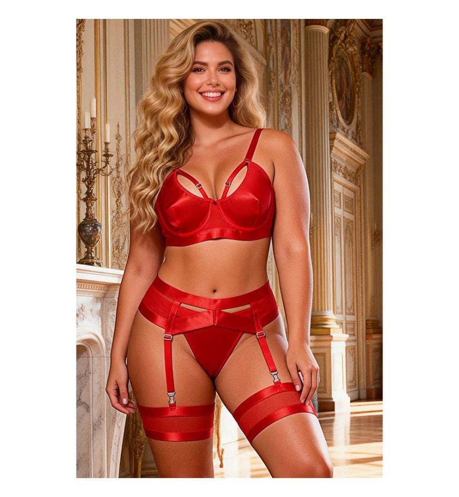 Ensemble Soutien-Gorge Porte-Jarretelles Bondage - Rouge