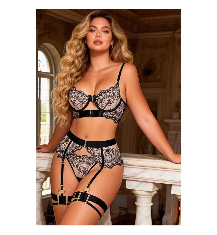 Ensemble Soutien-Gorge Porte-Jarretelles Dentelle Brodée - Noir