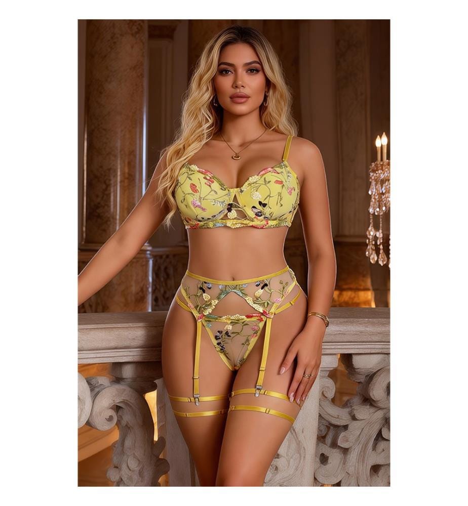 Ensemble Soutien-Gorge Jarretelles Dentelle Florale - Jaune