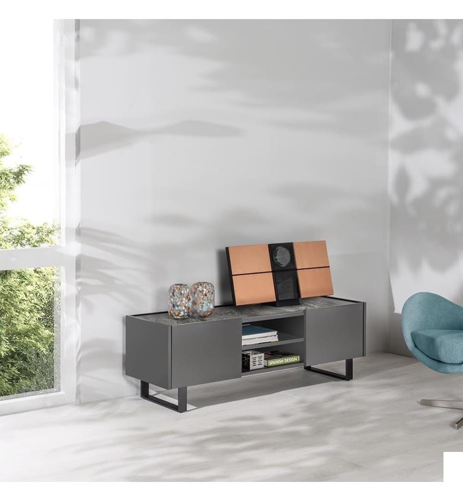 Meuble TV en MDF avec Plateau en Céramique Effet Marbre 140 x 40 x 45 cm - Gris et Marbre