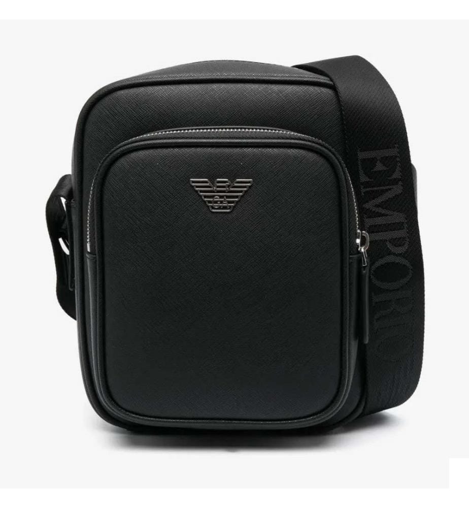 Sac messager en cuir avec plaque logo - Noir
