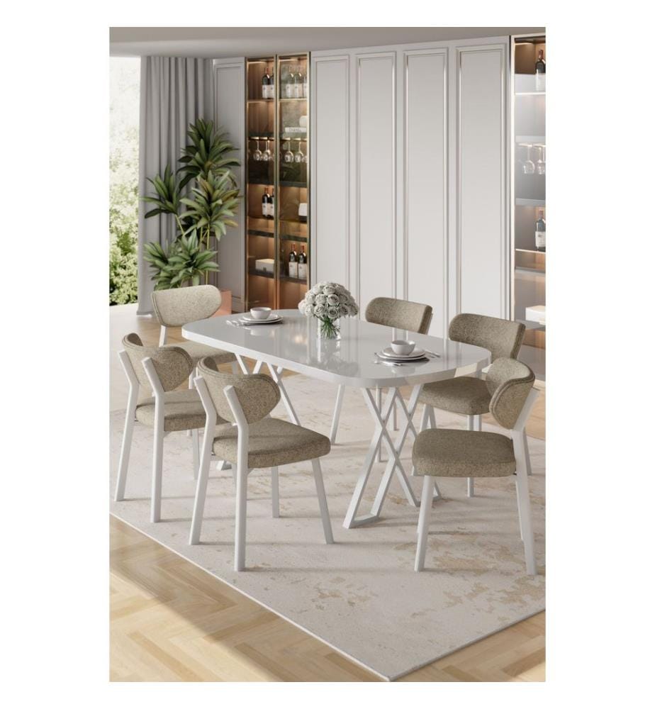Ensemble salle à manger 7 pièces - Blanc / Cappuccino