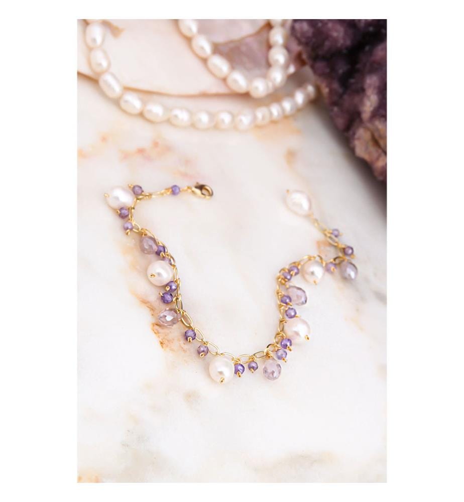 Bracelet en perles et améthyste - Blanc et Violet