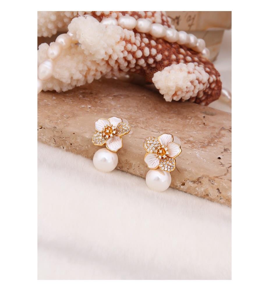 Boucles d'Oreilles Zircon et Perles - Blanc