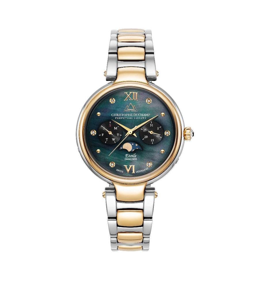 Montre à Quartz Étoile 36 mm, 6 Diamants - Noir & Argenté-Doré