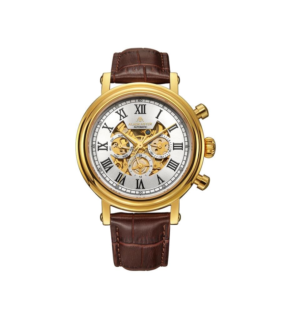 Montre automatique Squelette en cuir - Marron