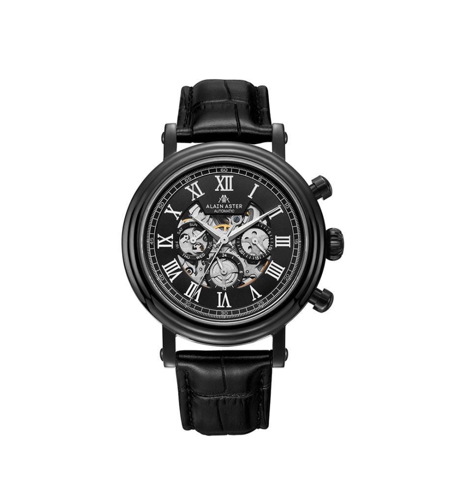 Montre automatique Squelette en cuir - Noir