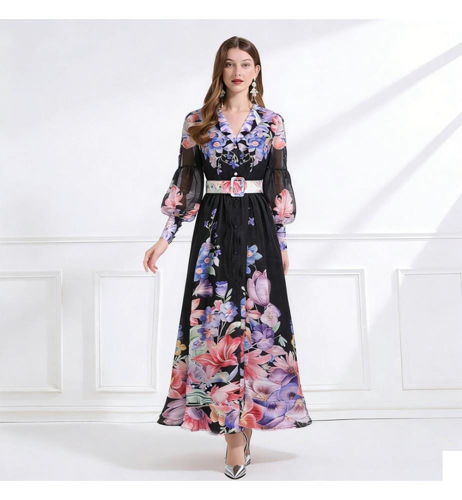 Robe longue en mousseline ceinturée Enchanted Bloom - Noir