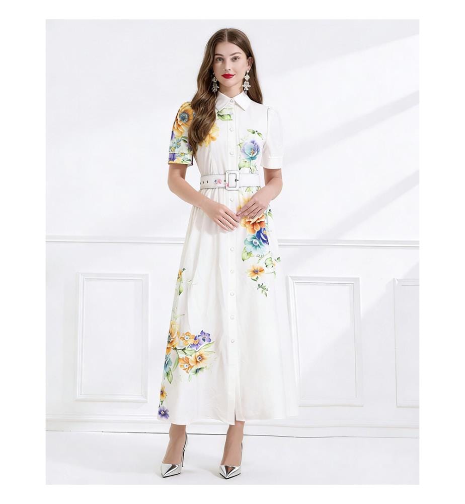 Robe longue ceinturée à fleurs boutonnées sur le devant - Blanc