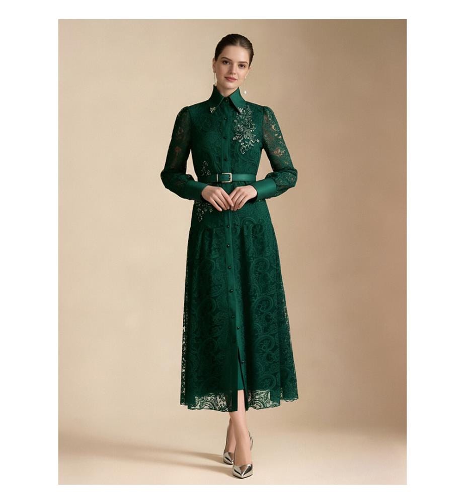 Robe longue style chemise vintage en dentelle avec ceinture - Vert