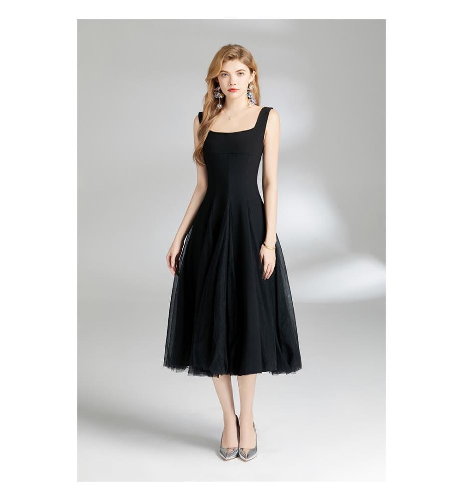 Robe midi en tulle bouffant à bretelles épaisses - Noir