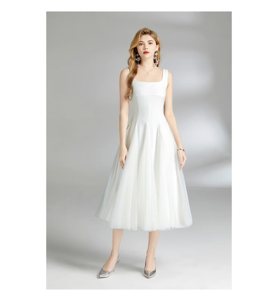 Robe midi en tulle bouffant à bretelles épaisses - Blanc