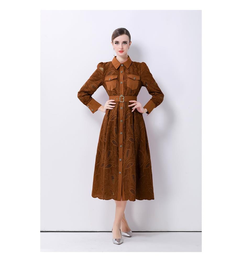 Robe mi-longue chemisier brodée avec ceinture - Marron